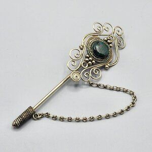 Victorian Style Lapel Pin Green Stone Wire Wrap Ornate